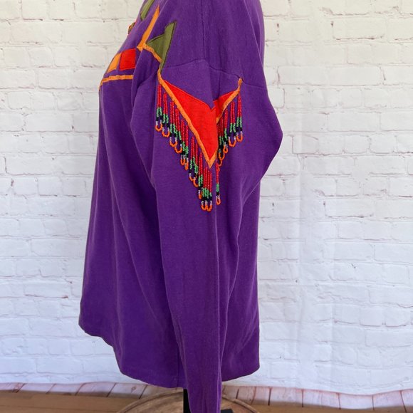 VTG - Tribal Print Long Sleeve T-shirt - Beaded Sleeves - Size Medium - Picture 7 of 11